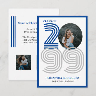 Blue Retro Big Numbers Graduation Photo Invitation