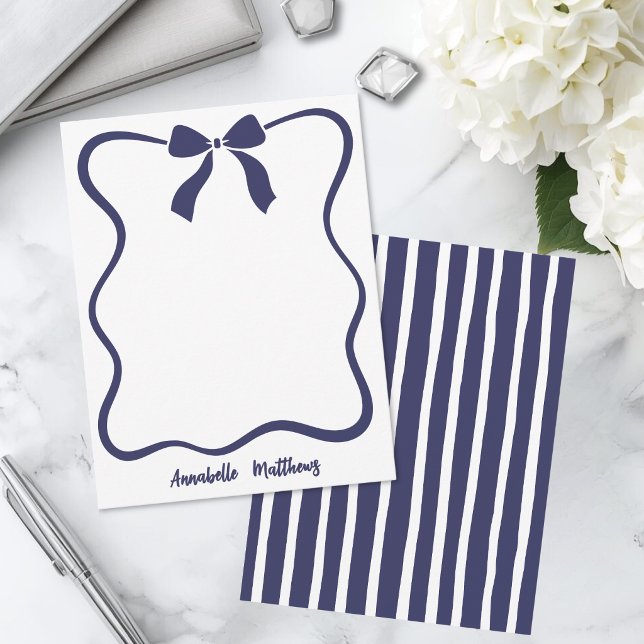 Blue Retro Bow Wavy Border Personalized Card (Blue Retro Bow Wavy Border Personalized Note Card )