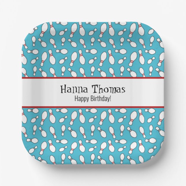 Blue Retro Bowling Theme Birthday Paper Plate (Front)