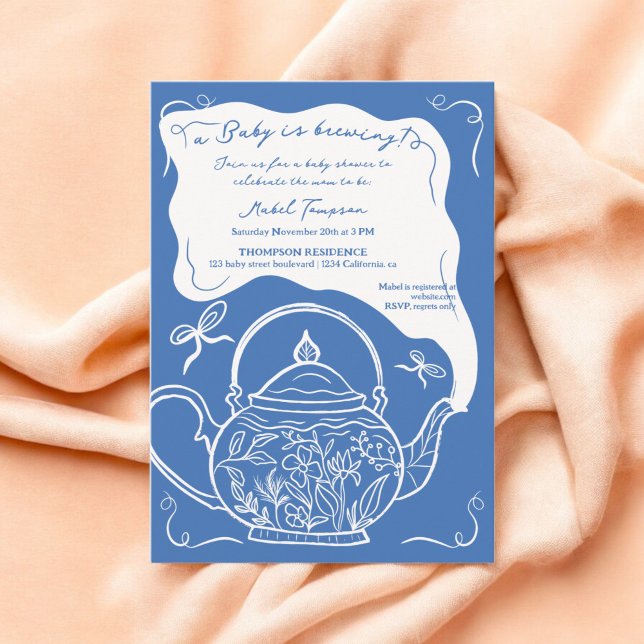 Blue retro bows teapot baby is brewing shower invitation (Blue retro bows teapot baby is brewing shower invitation)