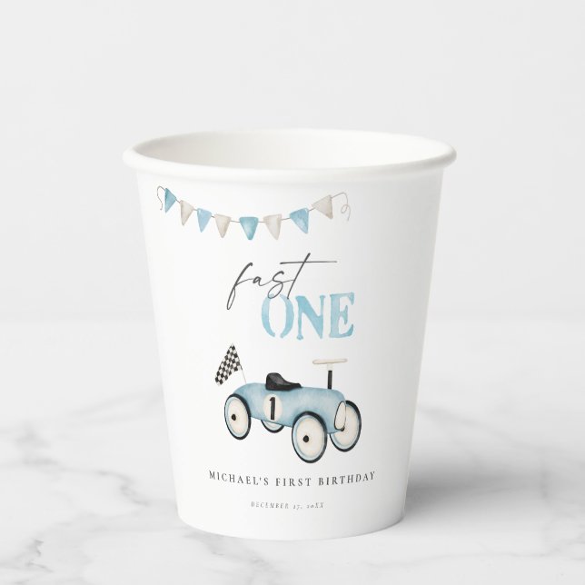 Blue Retro Car Birthday Paper Cups (Front)