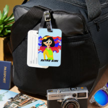 Blue Retro Cartoon Girl Luggage Tag