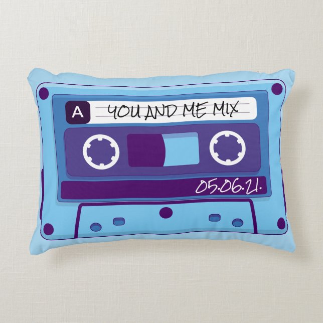 Blue Retro Cassette Mix Tape Accent Pillow (Front)