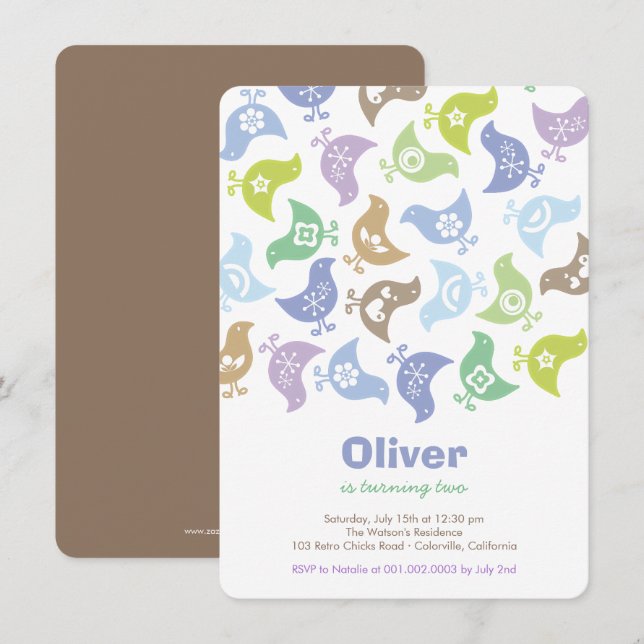 Blue Retro Chicks Children Birthday Party Invite (Front/Back)