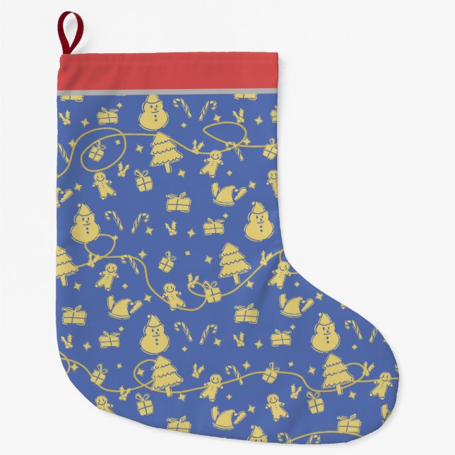 Blue Retro Christmas Pattern Large Christmas Stocking (Front)