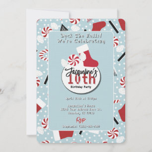 Blue Retro Christmas Peppermint Birthday Invitation