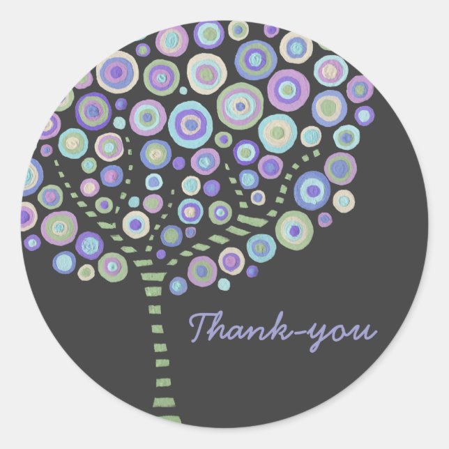 Blue Retro Circle Tree Thank You Label Sticker (Front)
