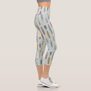 Blue Retro Coastal Surfboard Graphic Beach Yoga Capri Leggings