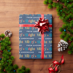 Blue Retro Colourful Merry & Bright Name Christmas Wrapping Paper