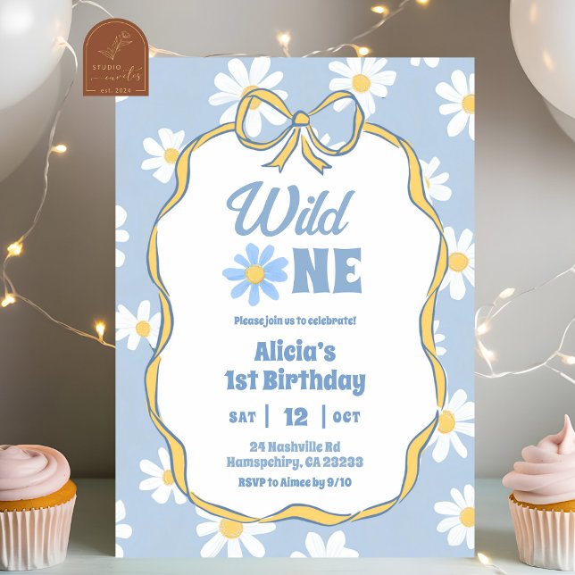 Blue Retro Daisy Coquette 1st Birthday Invitation (Creator Uploaded)