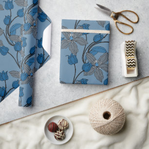Blue retro ethnic elegant flower pattern wrapping paper