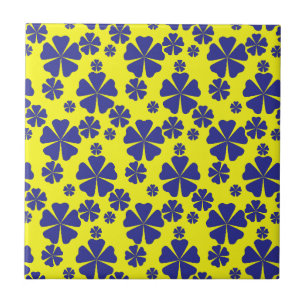 Blue Retro Floral Abstract On Yellow Pattern Tile