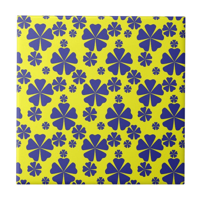 Blue Retro Floral Abstract On Yellow Pattern Tile (Front)