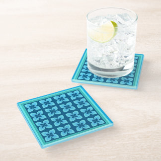 Blue Retro Floral Beverage Glass Coaster