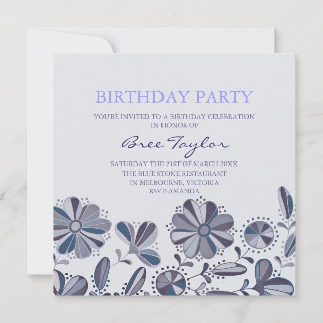 Blue Retro Flower Design Anniversaire Invitation (Devant)