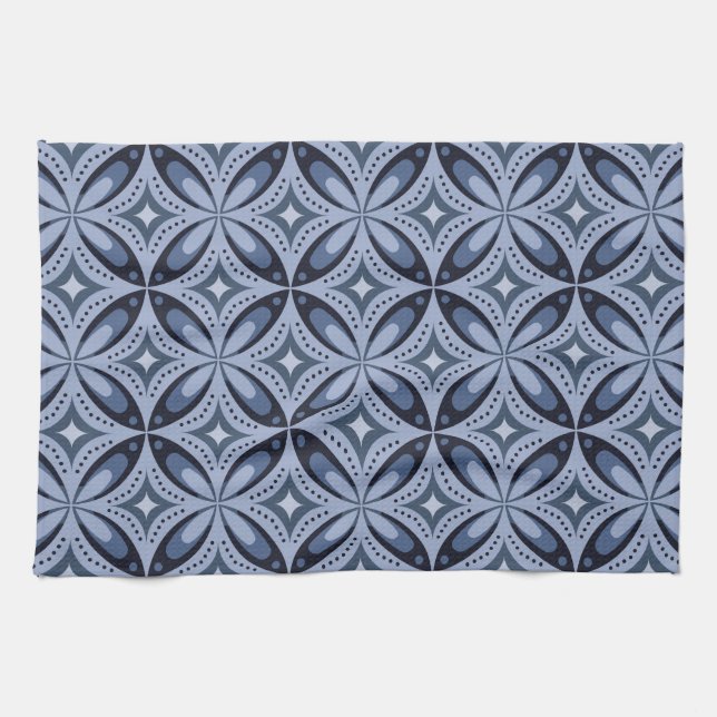 Blue Retro Geometric Pattern Kitchen Towel (Horizontal)