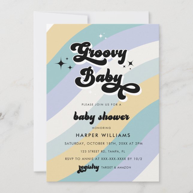 Blue Retro Groovy Baby Shower  Invitation (Front)