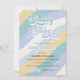 Blue Retro Groovy Baby Shower  Invitation