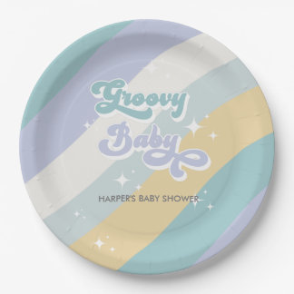 Blue Retro Groovy Baby Shower Paper Plate