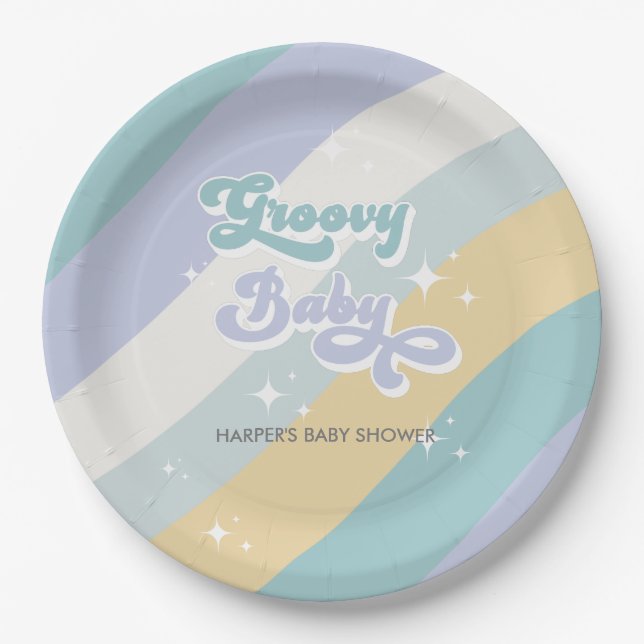 Blue Retro Groovy Baby Shower Paper Plate (Front)