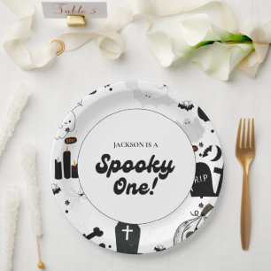 Blue Retro Grooy Spooky One Halloween 1st Birthday Paper Plate