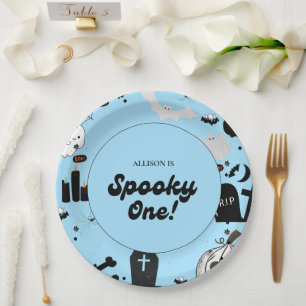 Blue Retro Grooy Spooky One Halloween 1st Birthday Paper Plate