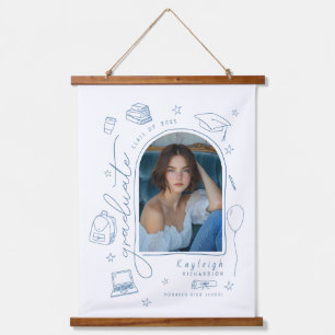 Blue Retro Hand Drawn Photo Graduation Hanging Tapestry