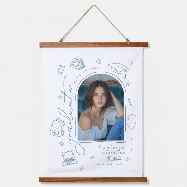 Blue Retro Hand Drawn Photo Graduation  Hanging Tapestry (Front)