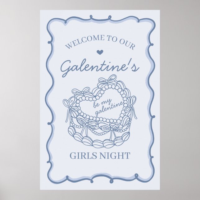 Blue Retro Heart Coquette Cake Galentines Welcome Poster (Front)