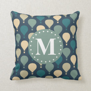 Blue Retro Hot Air Balloon Pattern Monogram Throw Pillow