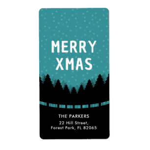 Blue retro Merry Xmas with pine trees and snow