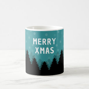 Blue retro Merry Xmas with pine trees and snow Coffee Mug