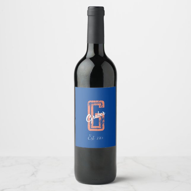 Blue Retro Minimalist Modern Monogram Name  Wine Label (Front)