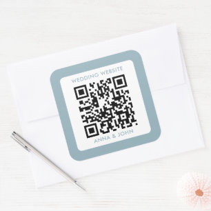 blue retro modern minimalist wedding qr code square sticker
