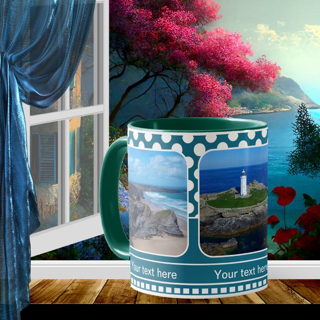 Blue Retro Polka Dot Vos Photos Mug (Retro blue teal photo mug with white polka dots )