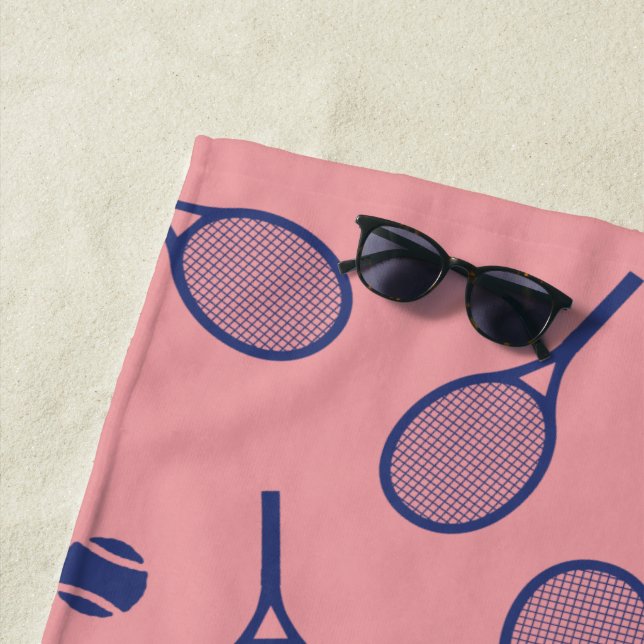 Blue Retro Racquets Ball Pattern Tennis Player Beach Towel (In Situ)