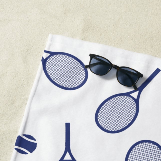 Blue Retro Racquets Ball Pattern Tennis Player Beach Towel (In Situ)