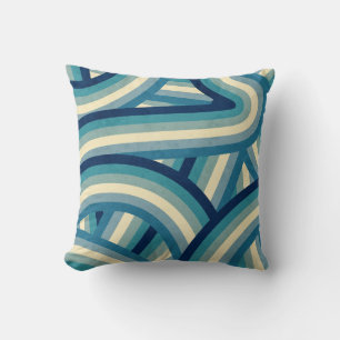 Blue Retro Rainbow Stripes Pattern Throw Pillow