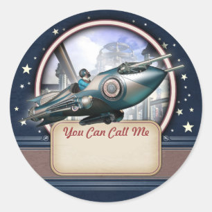 Blue Retro Rocket Name Tag Stickers