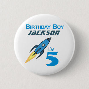 Blue Retro Rocket Ship Personalized Birthday Boy 2 Inch Round Button