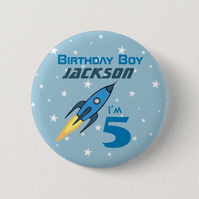 Blue Retro Rocket Ship Personalized Birthday Boy 2 Inch Round Button (Front)