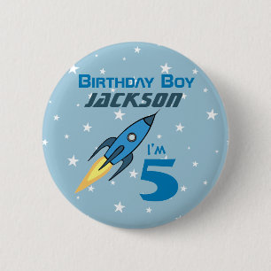 Blue Retro Rocket Ship Personalized Birthday Boy 2 Inch Round Button