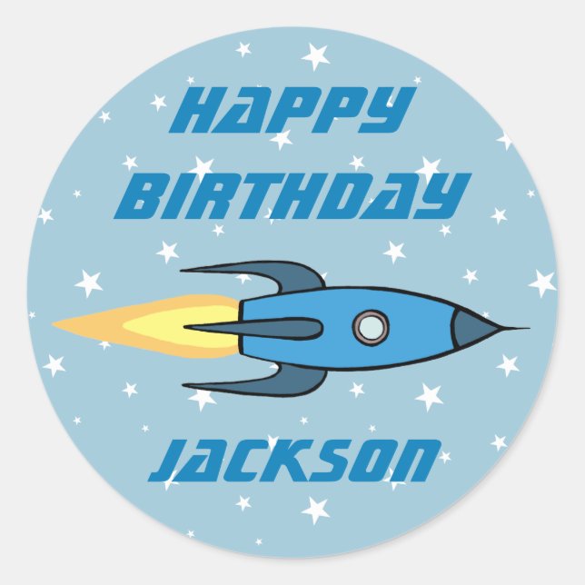 Blue Retro Rocket Ship Personalized Birthday Boy Classic Round Sticker (Front)