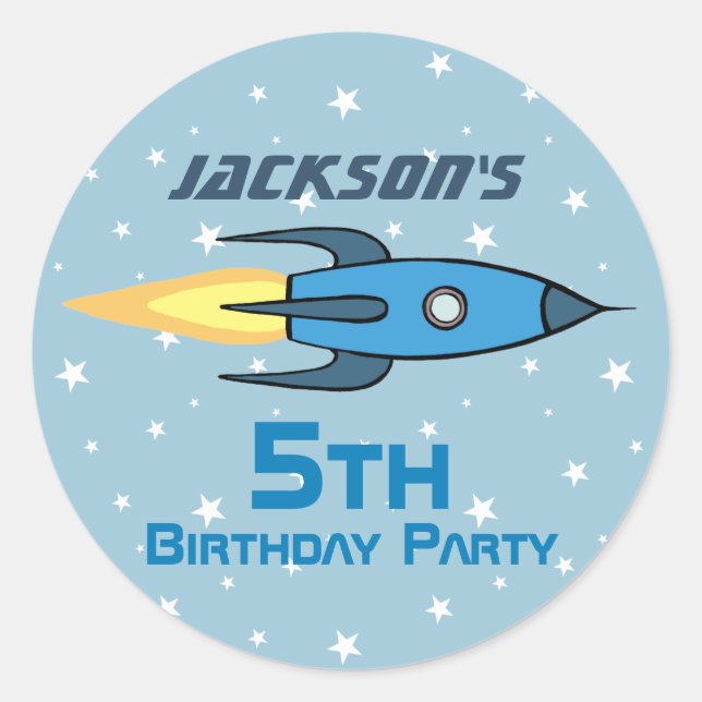 Blue Retro Rocket Ship Personalized Birthday Boy Classic Round Sticker (Front)