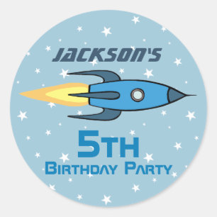 Blue Retro Rocket Ship Personalized Birthday Boy Classic Round Sticker
