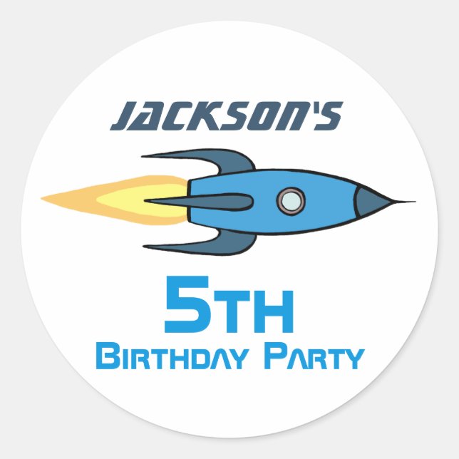 Blue Retro Rocket Ship Personalized Birthday Boy Classic Round Sticker (Front)