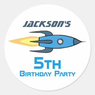Blue Retro Rocket Ship Personalized Birthday Boy Classic Round Sticker