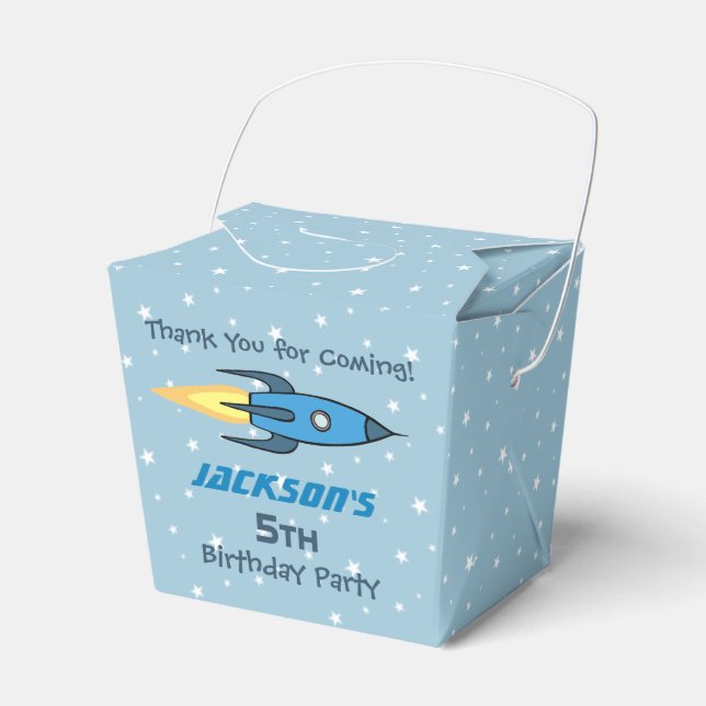 Blue Retro Rocket Ship Personalized Birthday Boy Favor Box (Front Side)