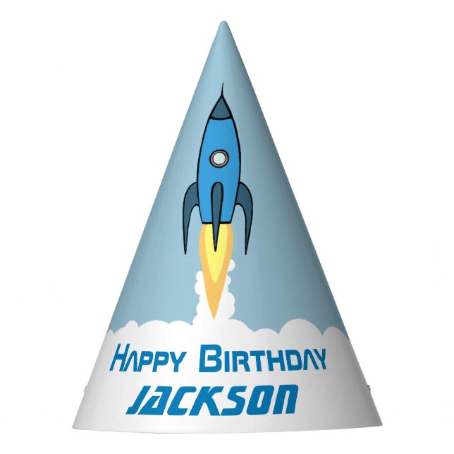 Blue Retro Rocket Ship Personalized Birthday Boy Party Hat (Front)