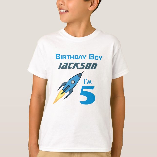 Blue Retro Rocket Ship Personalized Birthday Boy T-Shirt (Front)